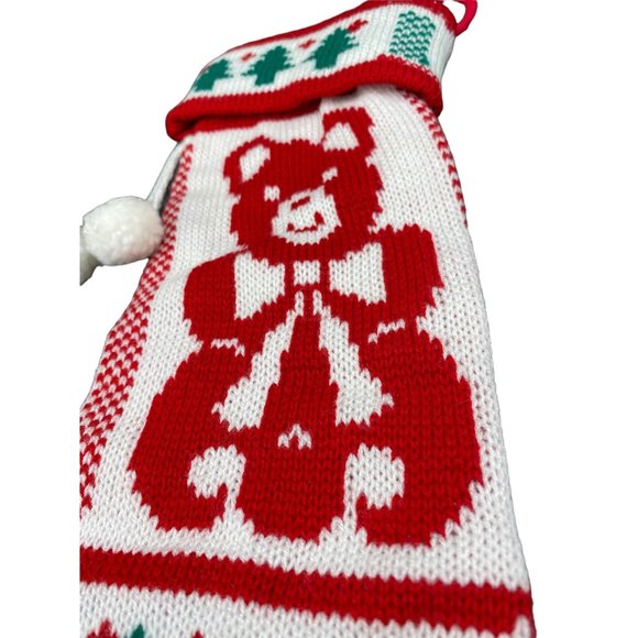 Vintage Teddy Bear Knit Christmas Stocking with pom poms 21" - Picture 4 of 14